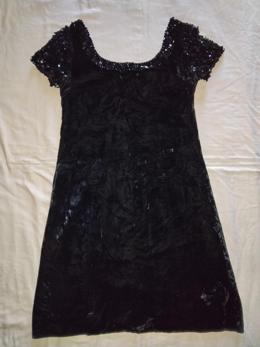 Black Velvet Short-Sleeve Dress with Sequin Trim